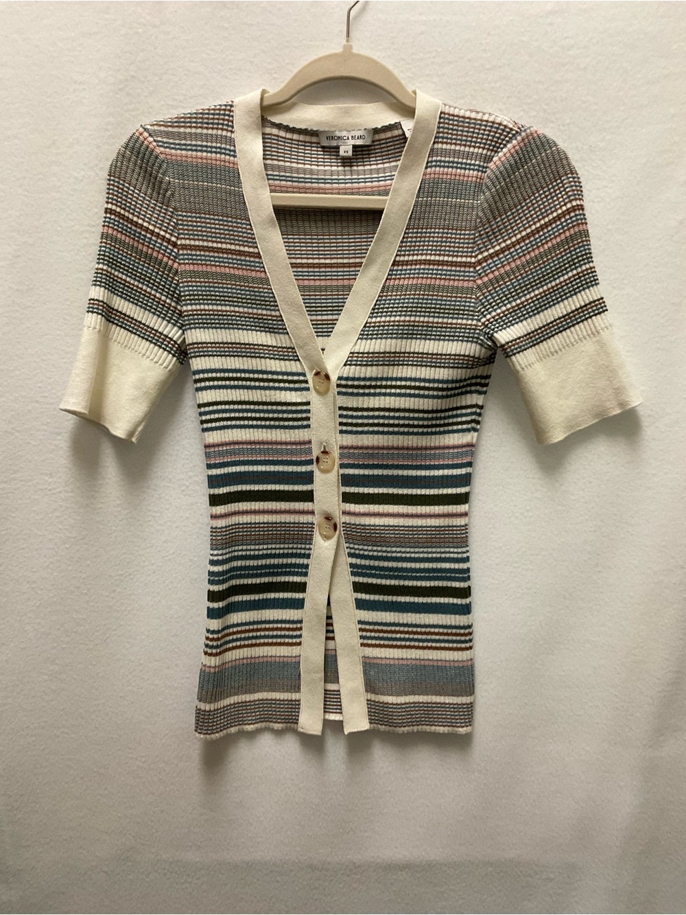 Veronica Beard Striped Knit Button-Front Top in Cream, Pink & Blue-Green